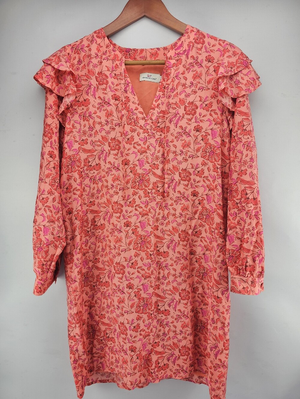 Vineyard Vines Papaya Pink Floral Helenium Ruffled Tunic Dress Rayon Silk XS